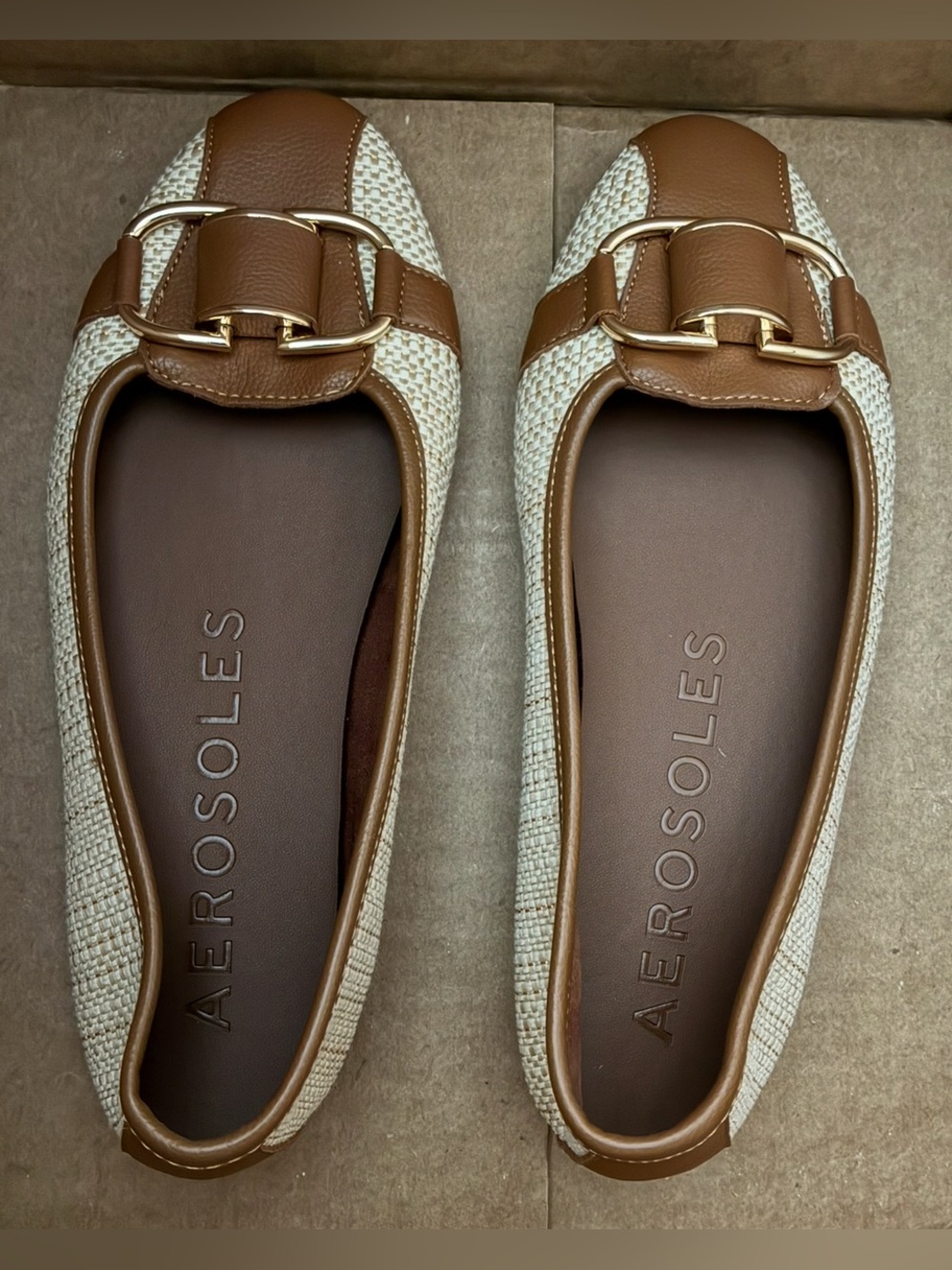 AEROSOLES Cream & Brown Buckle Slip-On Ballet Flats